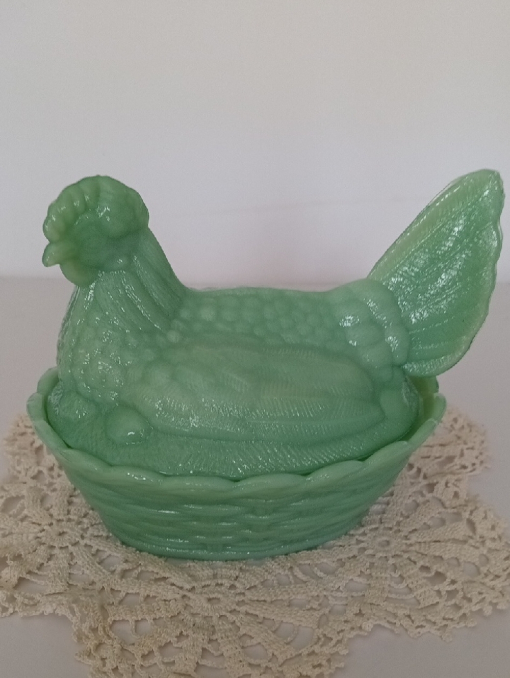 Vintage Inspired Jadeite Green Glass Hen on Nest Covered Dish